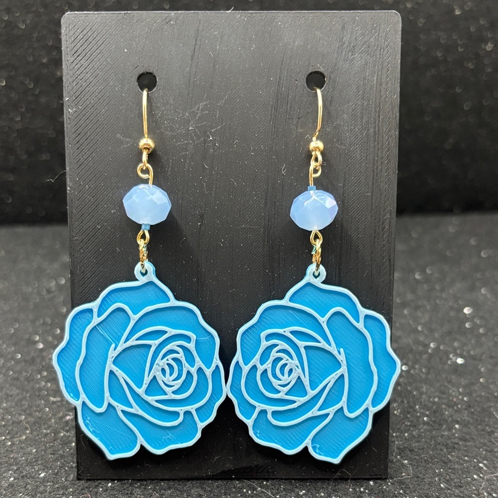 Blue Rose Dangle Earrings with Crystal Bead